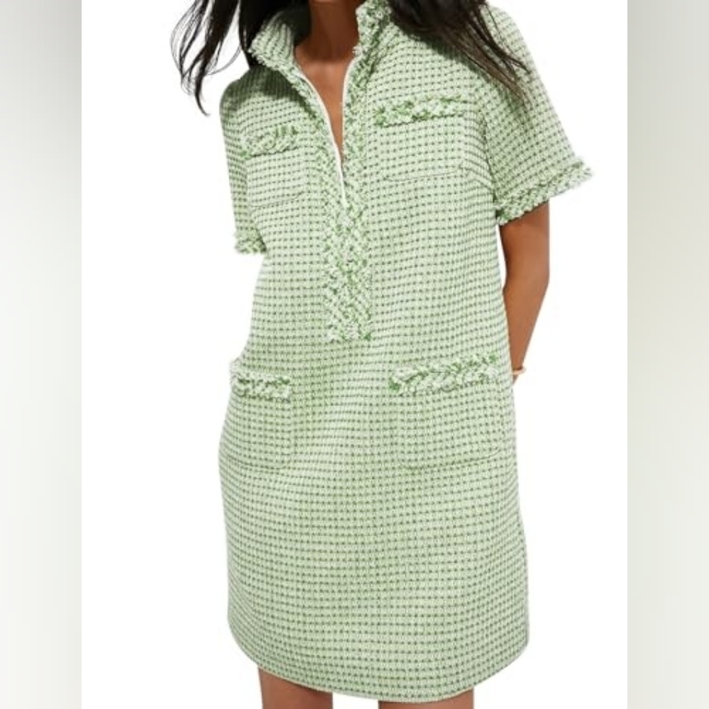 Womens Tweed Mini Dress, Front Half Zipper Short Sleeve, Straight Tube Dress, XL